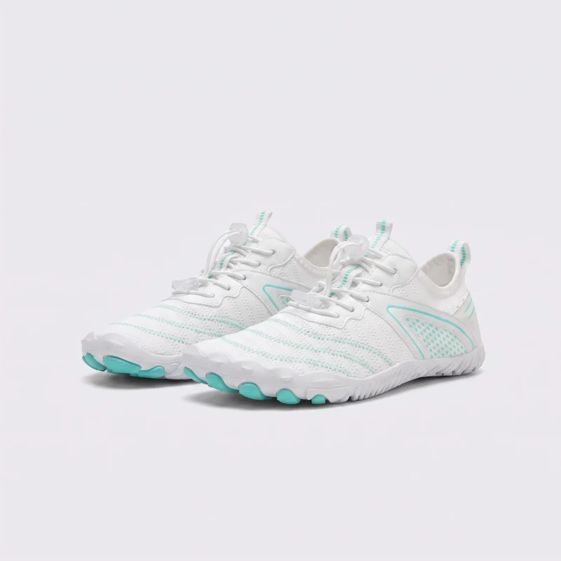 barefoot aqua water shoes quick-dry for beach wading hiking surfing in blue, front 45-degree view of the pair on a light gray background