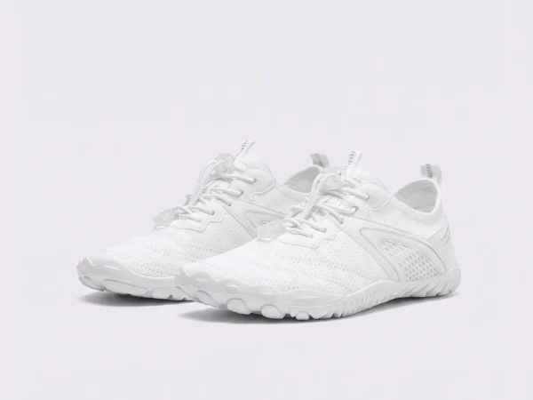 barefoot aqua water shoes quick-dry for beach wading hiking surfing in white, front 45-degree view of the pair on a light gray background