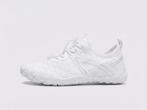 barefoot aqua water shoes quick-dry for beach wading hiking surfing in white, left side profile view on a light gray background
