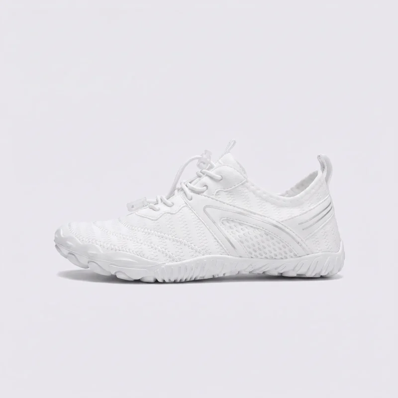 barefoot aqua water shoes quick-dry for beach wading hiking surfing in white, left side profile view on a light gray background