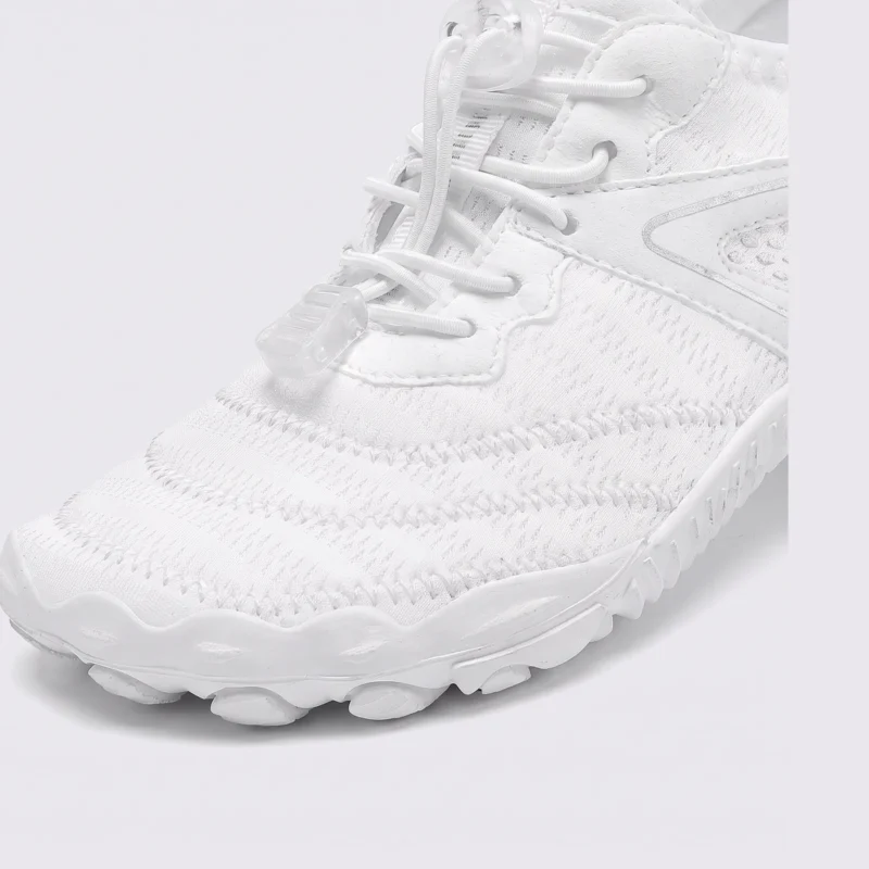 barefoot aqua water shoes quick-dry for beach wading hiking surfing in white, close-up view of the toe on a light gray background