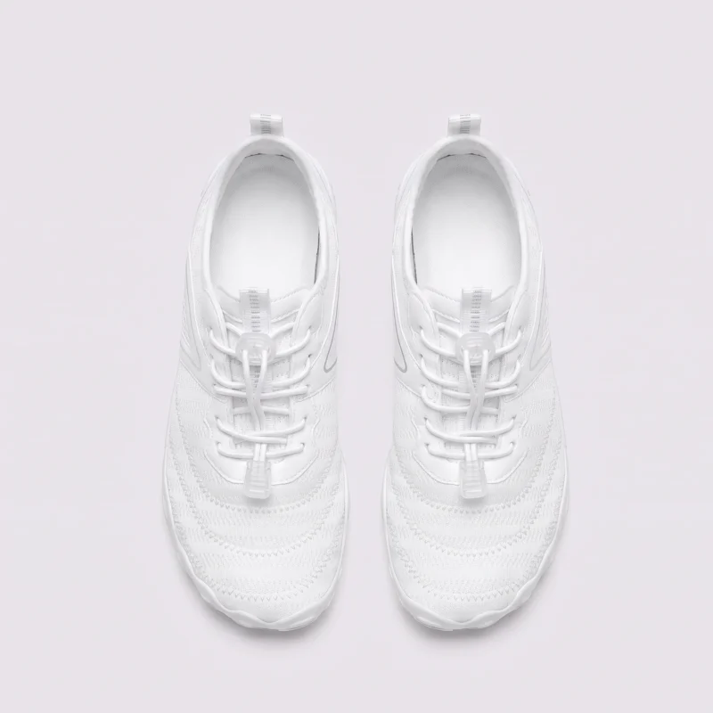 barefoot aqua water shoes quick-dry for beach wading hiking surfing in white, top-down view of the pair on a light gray background