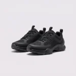 breathable mesh running sneakers lightweight chunky sole casual outdoor shoes in black, front 45-degree view of the pair on a light gray background