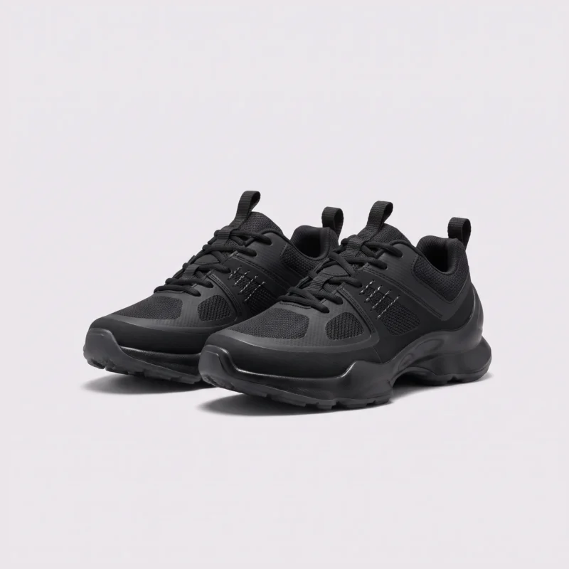 breathable mesh running sneakers lightweight chunky sole casual outdoor shoes in black, front 45-degree view of the pair on a light gray background