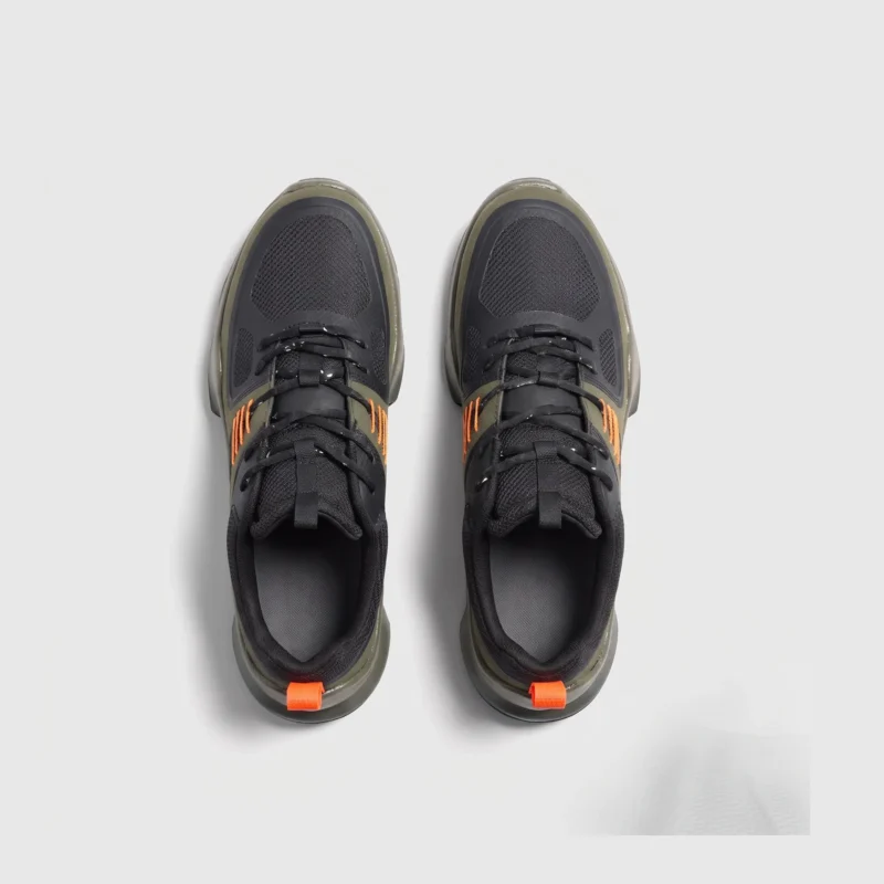 breathable mesh running sneakers lightweight chunky sole casual outdoor shoes in green, top-down view of the pair on a light gray background