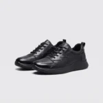 genuine leather casual shoes breathable lightweight non-slip walking sneakers in black, front 45-degree view of the pair on a light gray background
