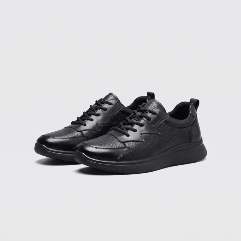 genuine leather casual shoes breathable lightweight non-slip walking sneakers in black, front 45-degree view of the pair on a light gray background