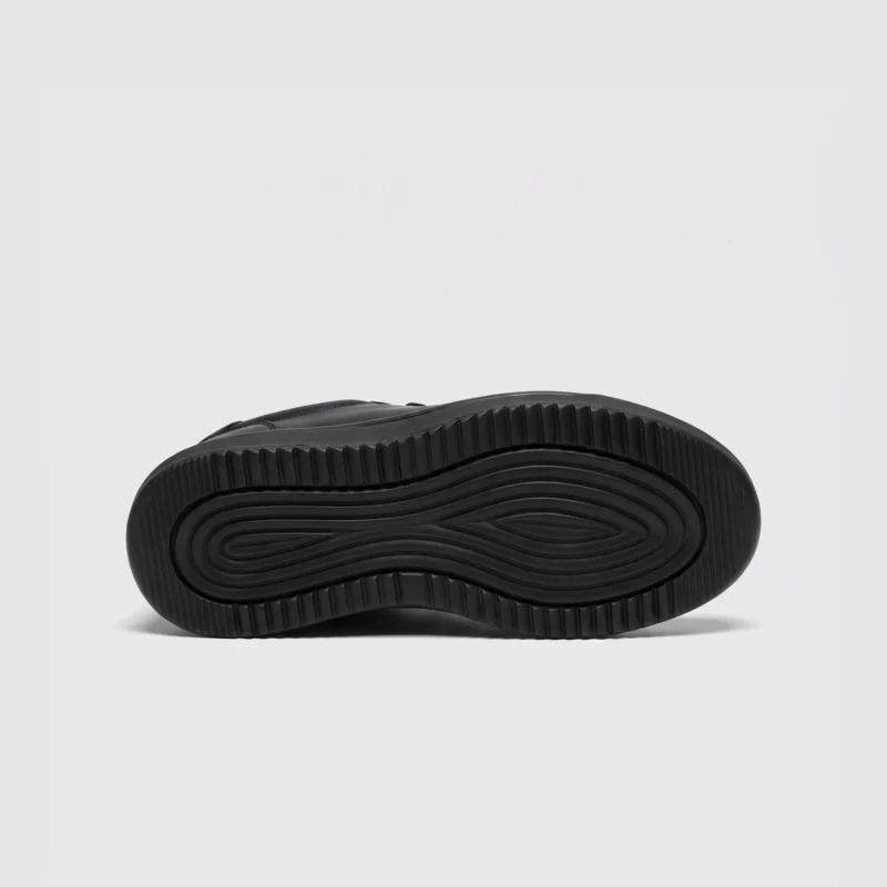 genuine leather casual shoes breathable lightweight non-slip walking sneakers in black, outsole tread view on a light gray background