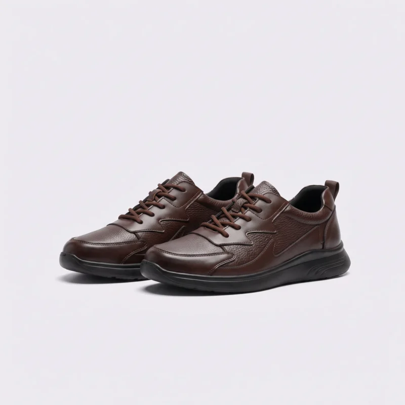 genuine leather casual shoes breathable lightweight non-slip walking sneakers in brown, front 45-degree view of the pair on a light gray background
