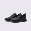 genuine leather lace-up casual sneakers warm comfortable in black, front 45-degree view of the pair on a light gray background