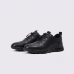genuine leather lace-up casual sneakers warm comfortable in black, front 45-degree view of the pair on a light gray background