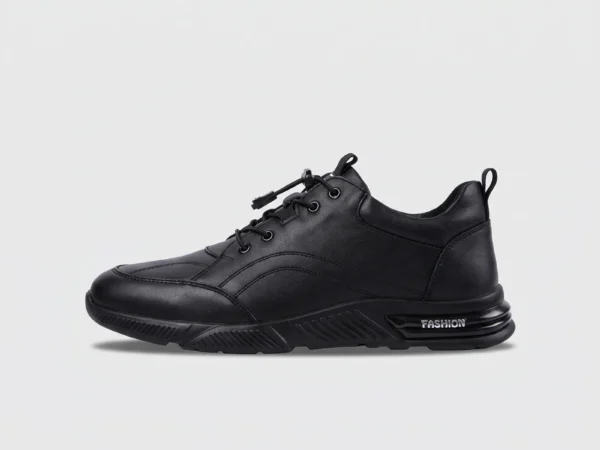 genuine leather lace-up casual sneakers warm comfortable in black, left side profile view on a light gray background