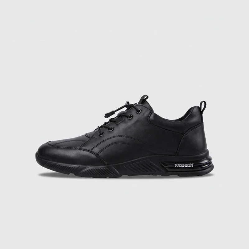genuine leather lace-up casual sneakers warm comfortable in black, left side profile view on a light gray background