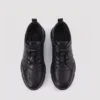 genuine leather lace-up casual sneakers warm comfortable in black, top-down view of the pair on a light gray background
