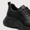 genuine leather business casual sneakers lightweight comfortable non-slip walking shoes in black, close-up view of the heel on a light gray background