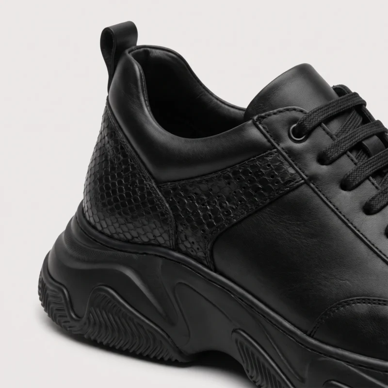 genuine leather business casual sneakers lightweight comfortable non-slip walking shoes in black, close-up view of the heel on a light gray background