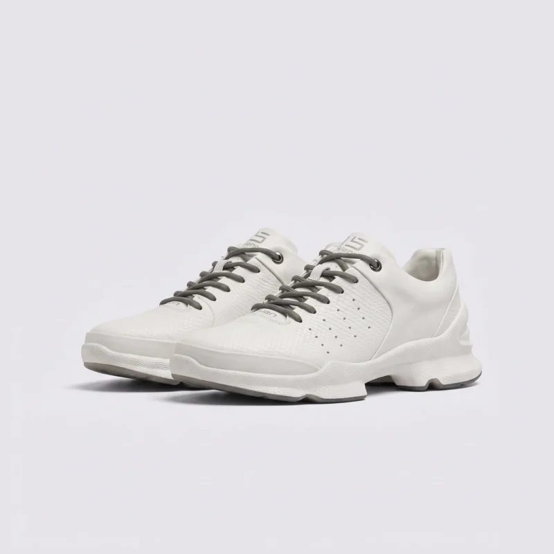 genuine leather business casual sneakers lightweight comfortable non-slip walking shoes in ivory, front 45-degree view of the pair on a light gray background