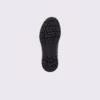 genuine leather business casual running sneakers in black, outsole tread view on a light gray background