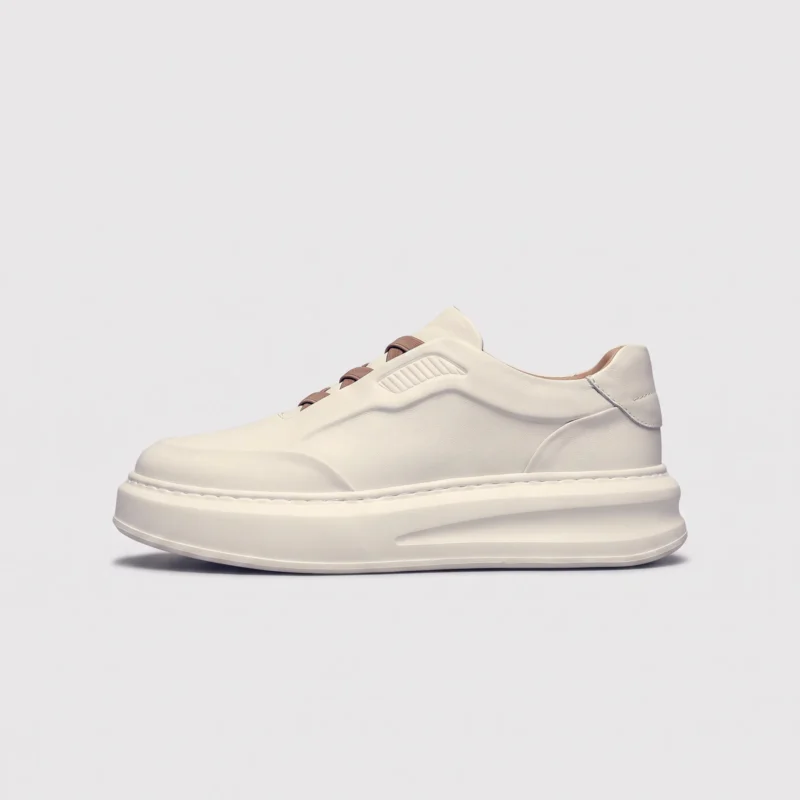 genuine leather platform sneakers, left side profile view on a light gray background