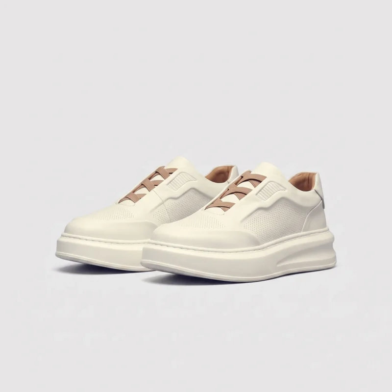 genuine leather platform sneakers in white, front 45-degree view of the pair on a light gray background