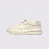 genuine leather platform sneakers in white, left side profile view on a light gray background