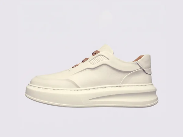 genuine leather platform sneakers in white, left side profile view on a light gray background