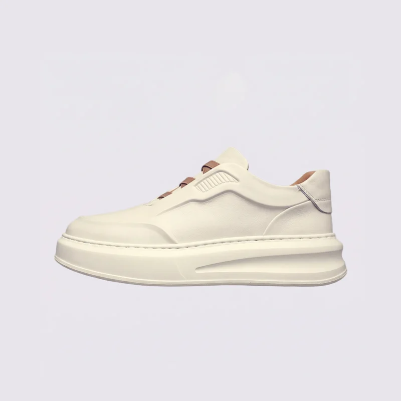 genuine leather platform sneakers in white, left side profile view on a light gray background