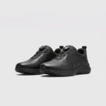 genuine leather rotating dial casual sneakers breathable lightweight in black, front 45-degree view of the pair on a light gray background