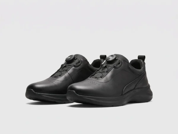 genuine leather rotating dial casual sneakers breathable lightweight in black, front 45-degree view of the pair on a light gray background