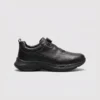 genuine leather rotating dial casual sneakers breathable lightweight in black, right side profile view on a light gray background