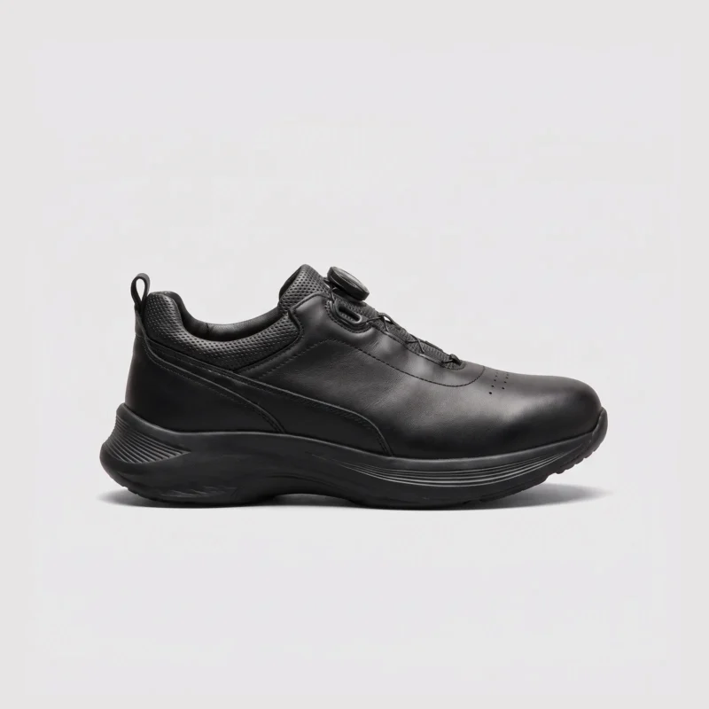 genuine leather rotating dial casual sneakers breathable lightweight in black, right side profile view on a light gray background