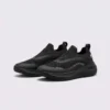 slip-on breathable running sneakers lightweight cushioned casual shoes in black, front 45-degree view of the pair on a light gray background