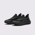slip-on breathable running sneakers lightweight cushioned casual shoes in black, front 45-degree view of the pair on a light gray background