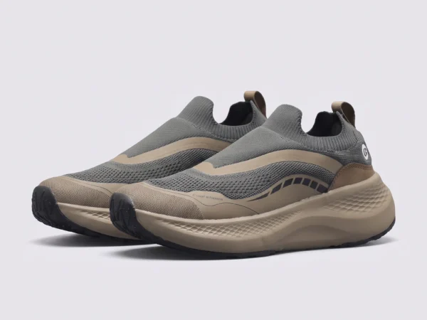 slip-on breathable running sneakers lightweight cushioned casual shoes in green, front 45-degree view of the pair on a light gray background