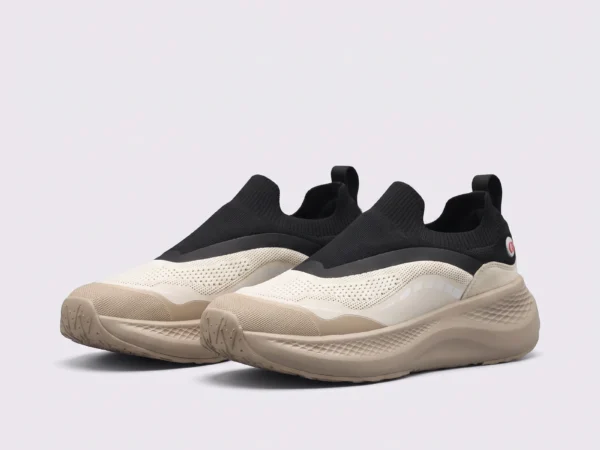 slip-on breathable running sneakers lightweight cushioned casual shoes in khaki, front 45-degree view of the pair on a light gray background