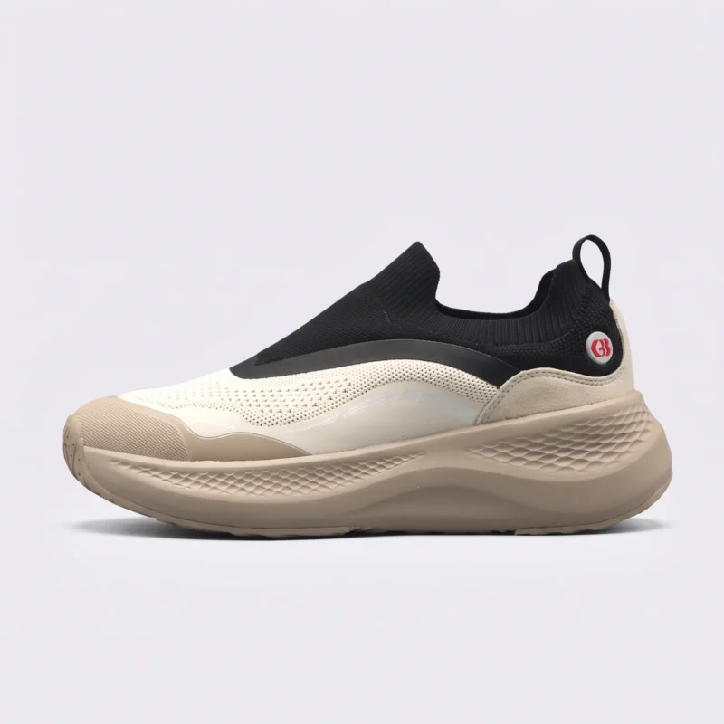 slip-on breathable running sneakers lightweight cushioned casual shoes in khaki, left side profile view on a light gray background