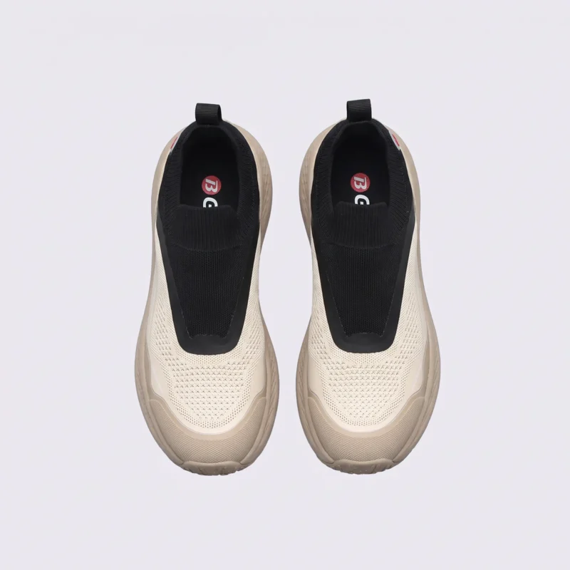slip-on breathable running sneakers lightweight cushioned casual shoes in khaki, top-down view of the pair on a light gray background