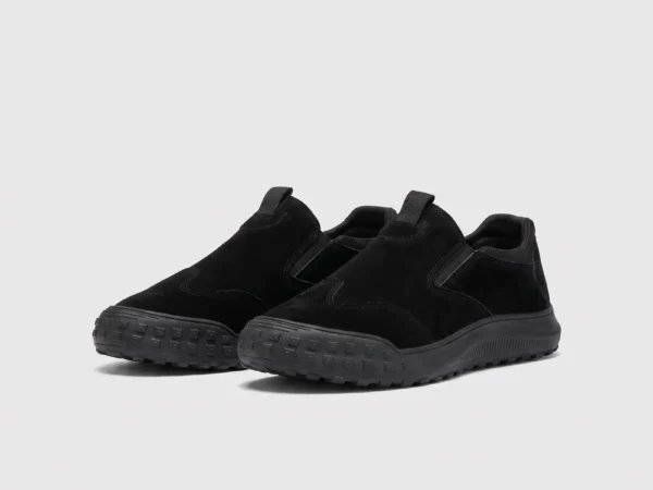 slip-on work safety shoes lightweight suede anti-slip driving shoes in black, front 45-degree view of the pair on a light gray background