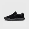 slip-on work safety shoes lightweight suede anti-slip driving shoes in black, right side profile view on a light gray background