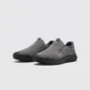 slip-on work safety shoes lightweight suede anti-slip driving shoes in gray, front 45-degree view of the pair on a light gray background