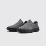 slip-on work safety shoes lightweight suede anti-slip driving shoes in gray, front 45-degree view of the pair on a light gray background