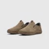 slip-on work safety shoes lightweight suede anti-slip driving shoes in khaki, front 45-degree view of the pair on a light gray background