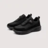 trendy rotating dial closure casual sneakers breathable chunky sole commuter shoes in black, front 45-degree view of the pair on a light gray background