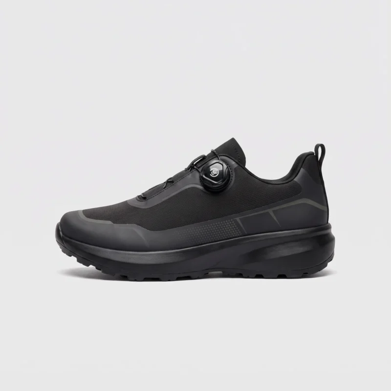 trendy rotating dial closure casual sneakers breathable chunky sole commuter shoes in black, right side profile view on a light gray background