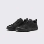 wide toe box barefoot hiking sneakers in black, front 45-degree view of the pair on a light gray background
