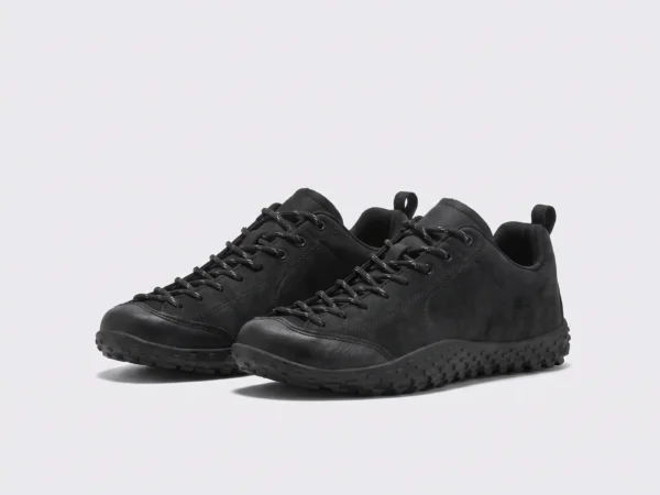 wide toe box barefoot hiking sneakers in black, front 45-degree view of the pair on a light gray background