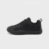 wide toe box barefoot hiking sneakers in black, left side profile view on a light gray background