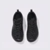 wide toe box barefoot hiking sneakers in black, top-down view of the pair on a light gray background
