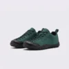 wide toe box barefoot hiking sneakers in green, front 45-degree view of the pair on a light gray background