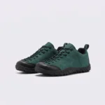 wide toe box barefoot hiking sneakers in green, front 45-degree view of the pair on a light gray background